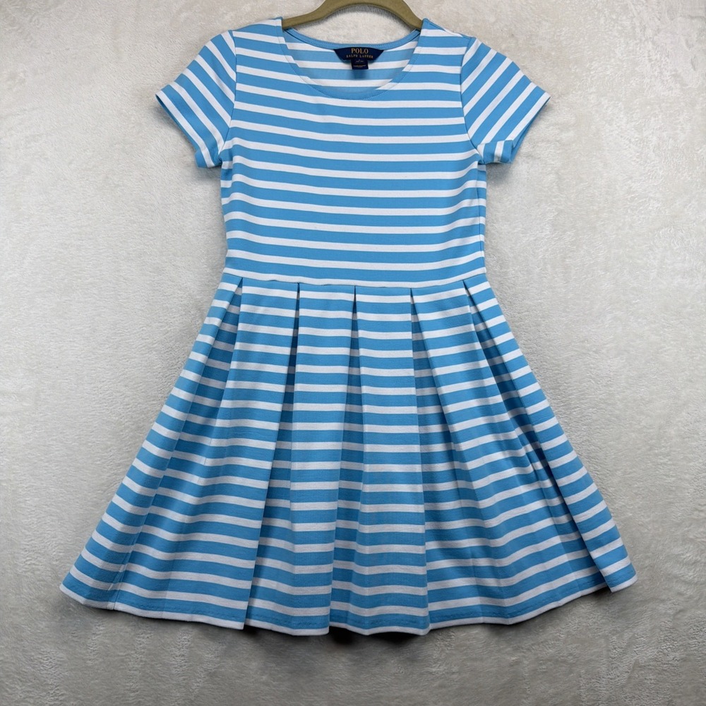 Polo Ralph Lauren Girls Dress L 12-14 Blue White Stripe Pleated Preppy Tennis